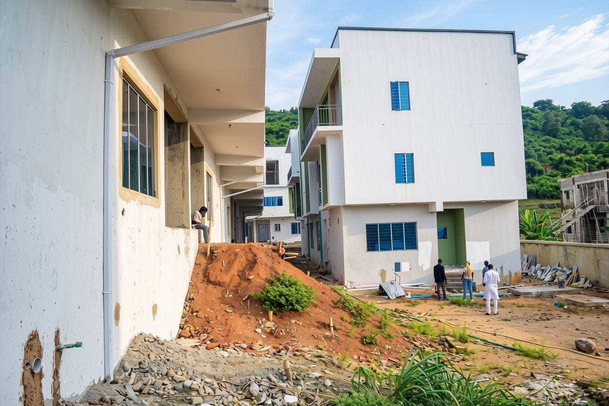 The terrace row seen along its length: white render with green accent panels and glazing installed, an unfinished block beyond and excavated earth still on site.