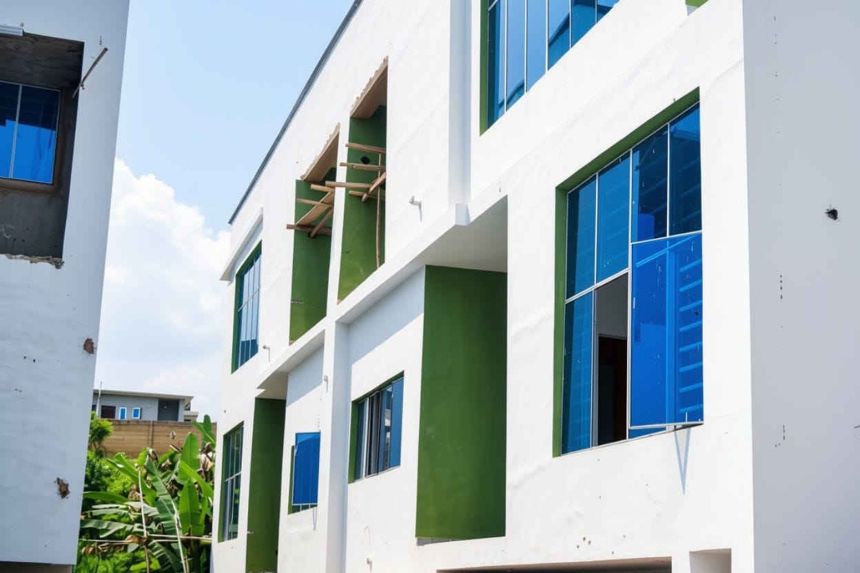 Close view of a finished facade at Ewang Estate: white render with olive-green accent panels, aluminium-framed windows and blue reflective glass.