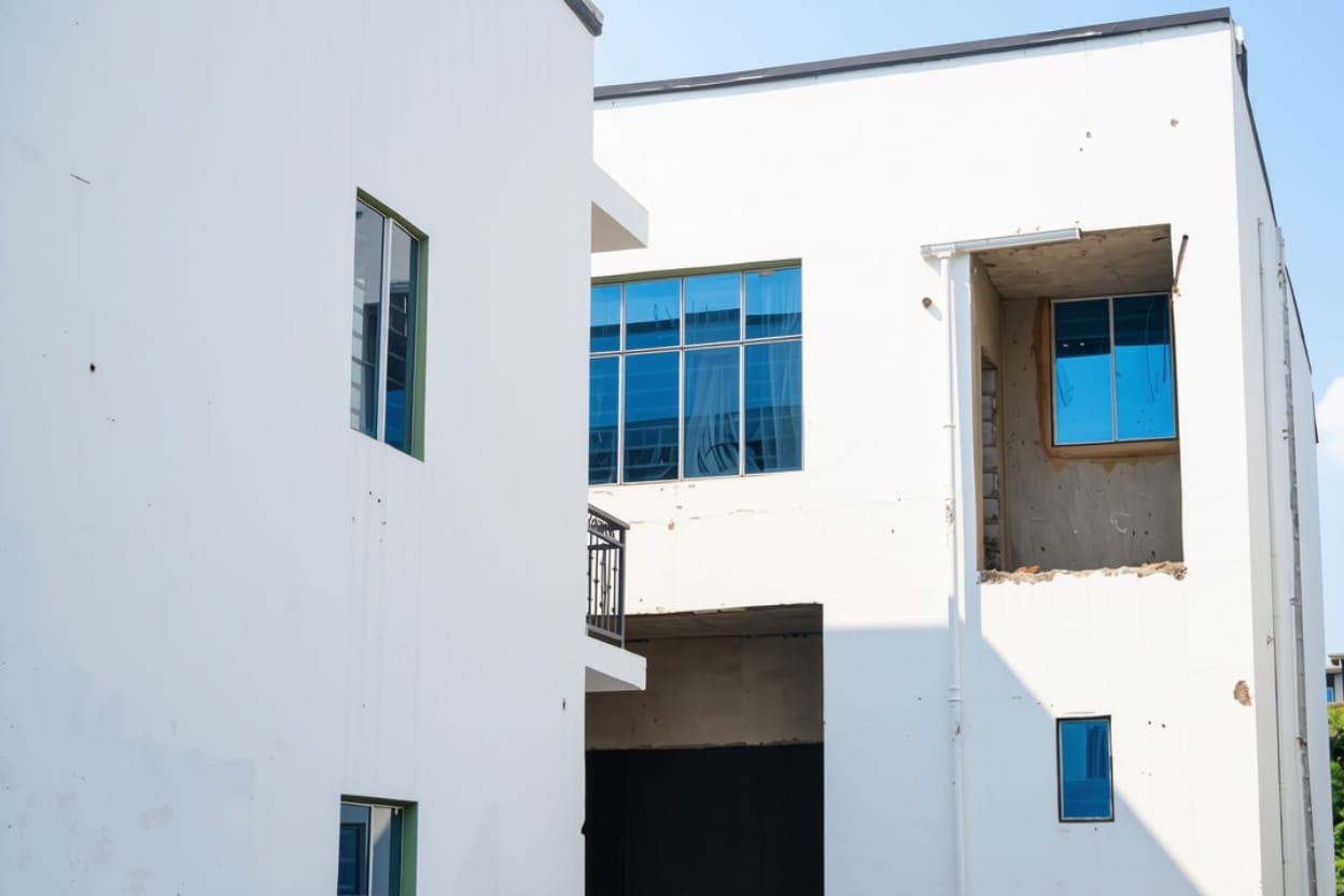 Two rendered blocks meeting at the courtyard, with a first-floor balcony in place and one upper opening still awaiting its wall finish.