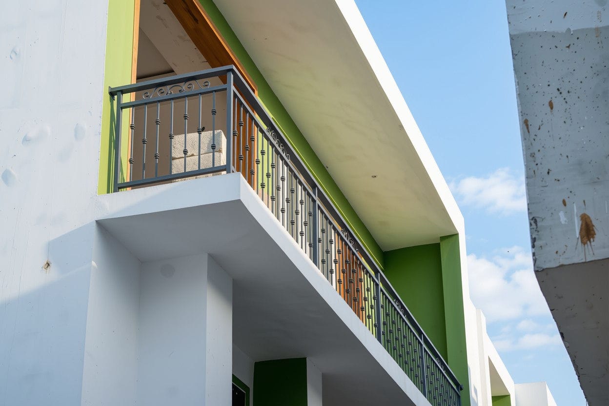 Balcony detail on a finished block, showing the green accent band, timber-effect cladding to the soffit and a dark metal balustrade.