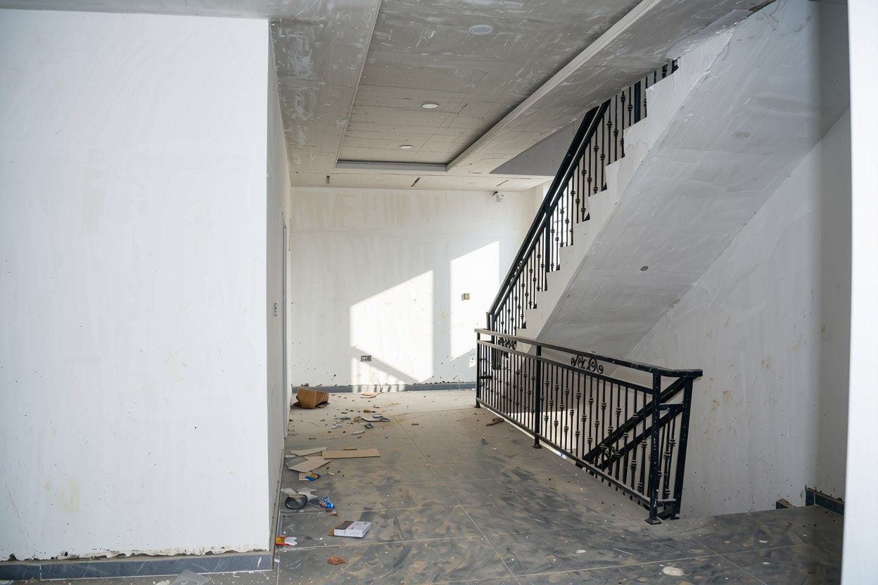 Interior stairwell of a home in final finishing: plastered walls, floor tiling under protective sheeting, a black balustrade with scrollwork and a recessed ceiling with downlights.