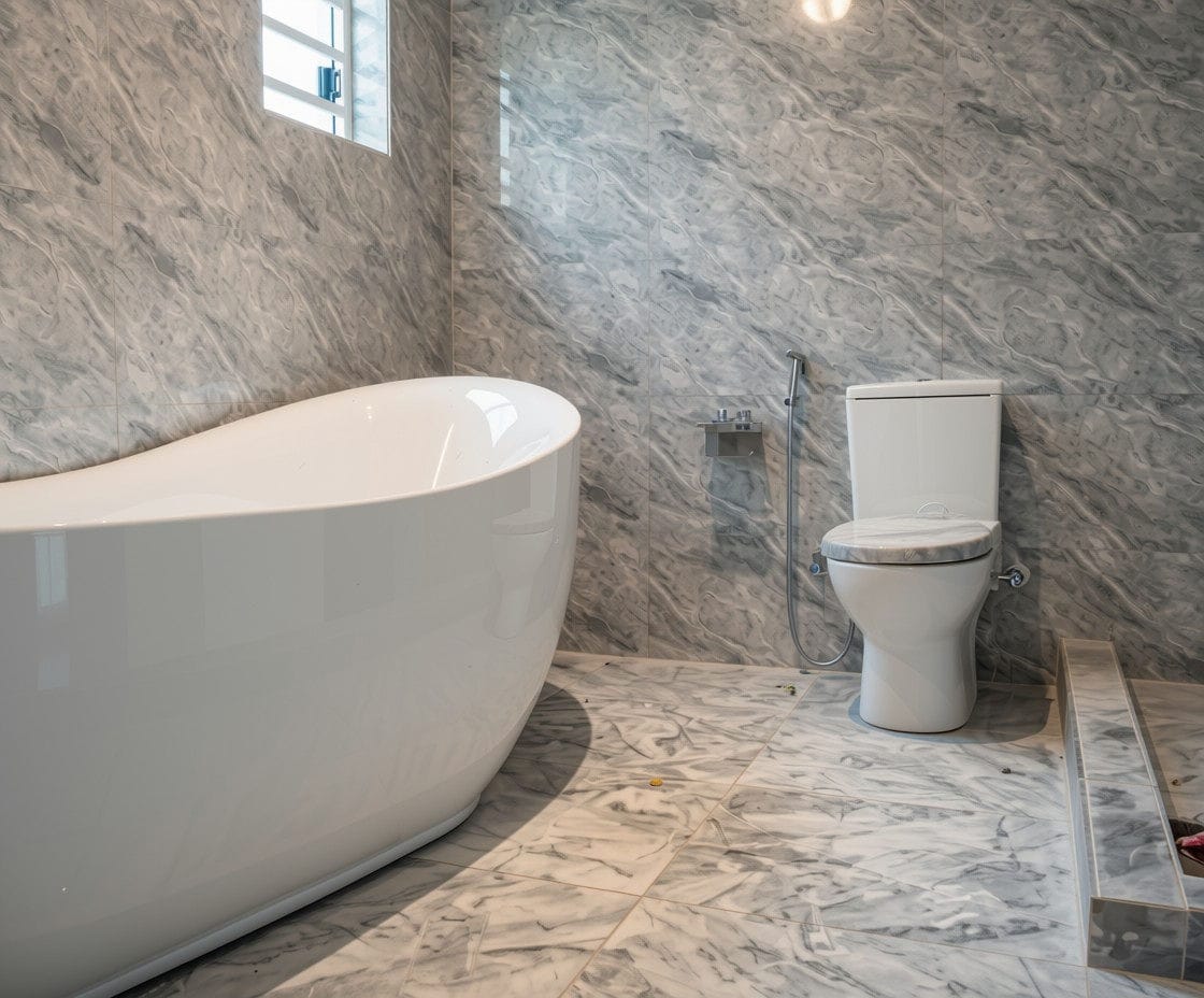 A completed bathroom with a freestanding oval bath, marble-effect tiling to walls and floor, and a fitted WC.