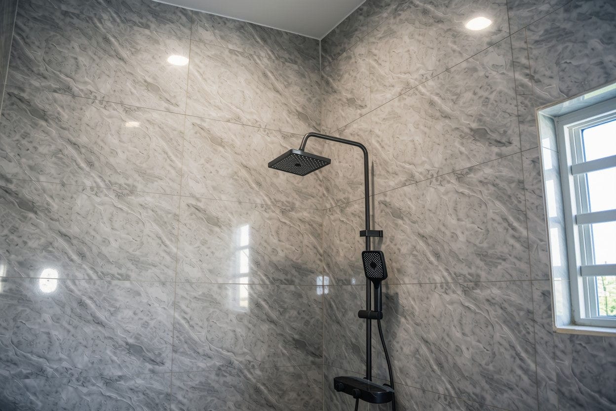 A finished shower with black rainfall and handheld fittings against grey marble-effect tiling, lit by ceiling downlights.