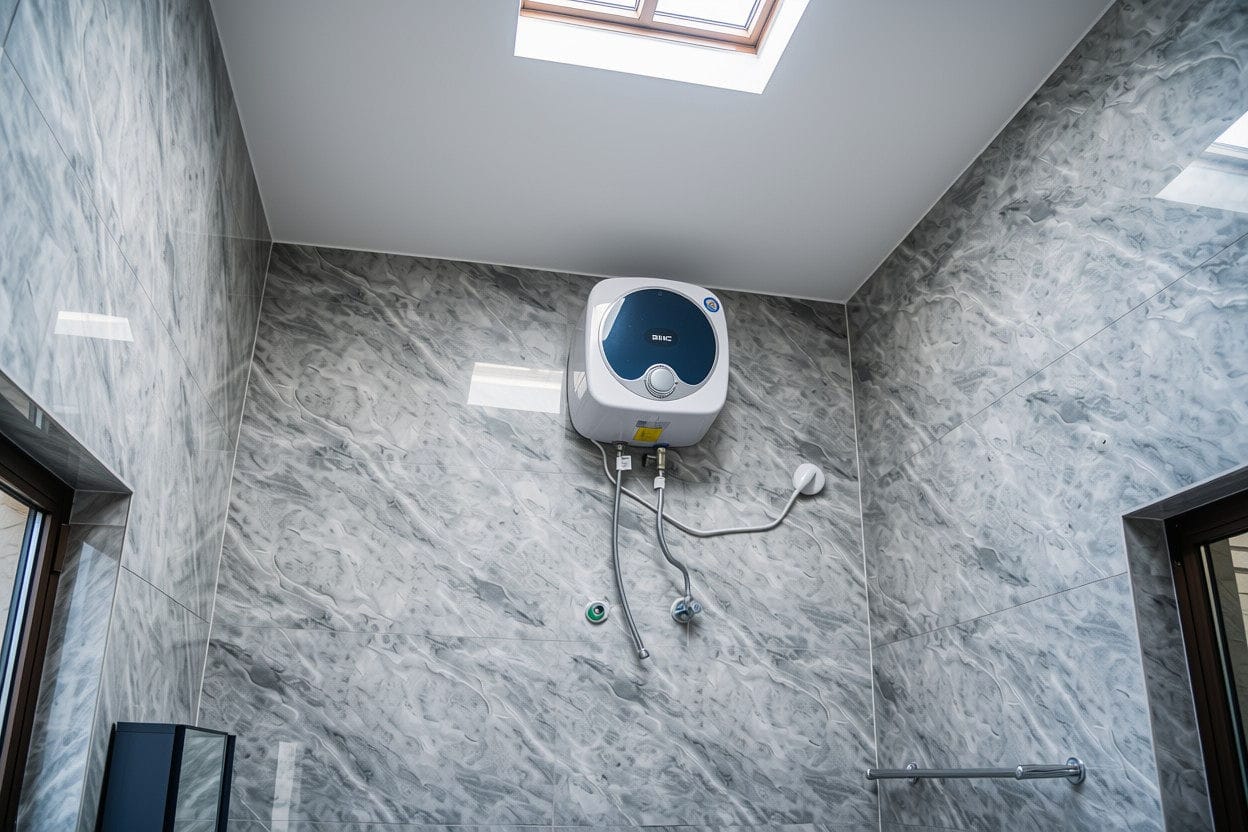 Bathroom detail showing a wall-mounted electric water heater, marble-effect tiling and a skylight above.