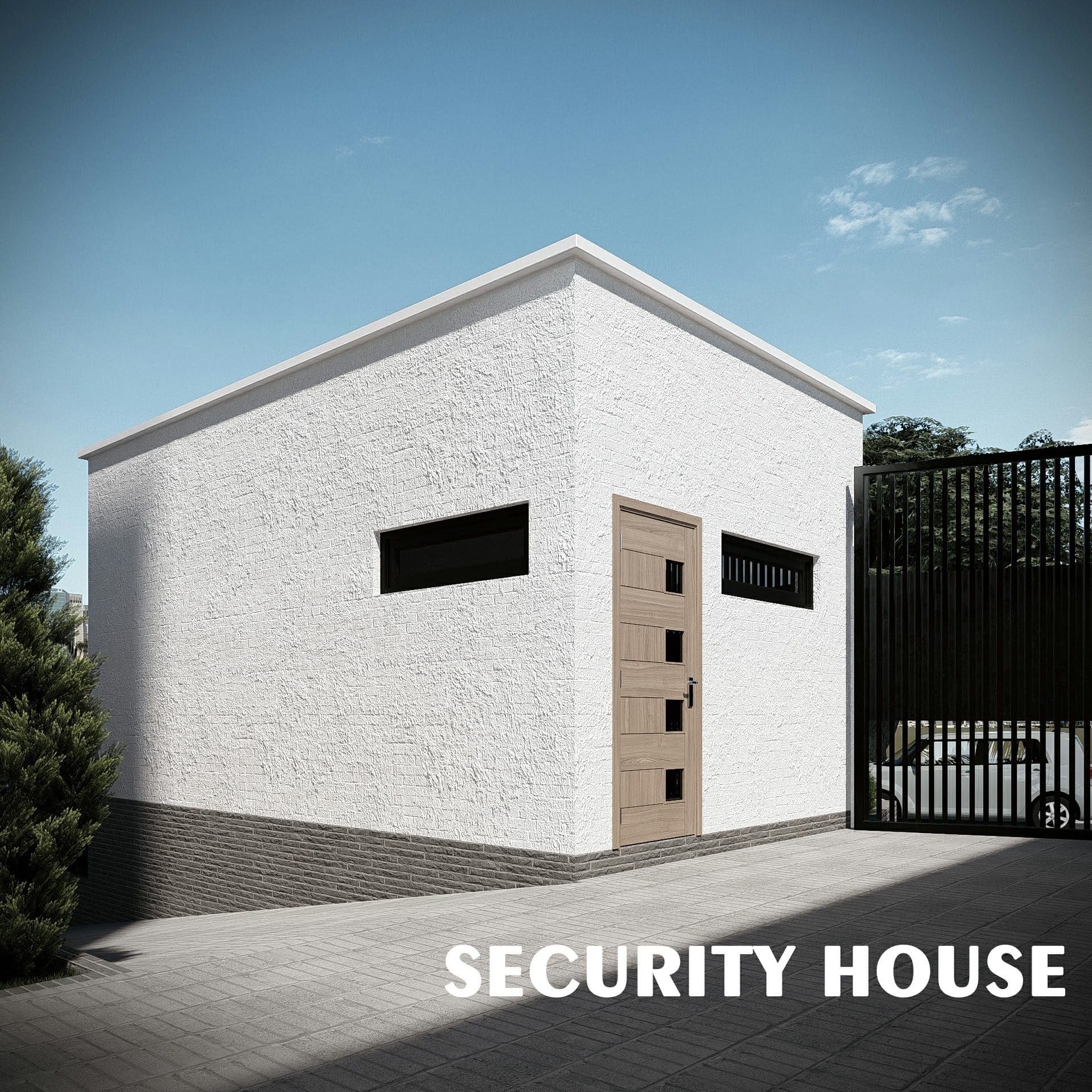 The security house at the entrance to Ewang Estate: a single-storey white rendered building with a charcoal brick plinth, timber entrance door and slim black louvred windows, beside the black steel vehicle gate.